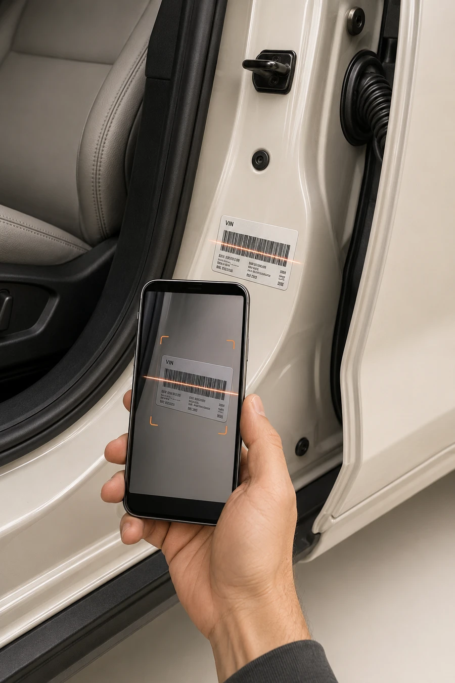 Scanning a VIN barcode on a car door jamb with a phone